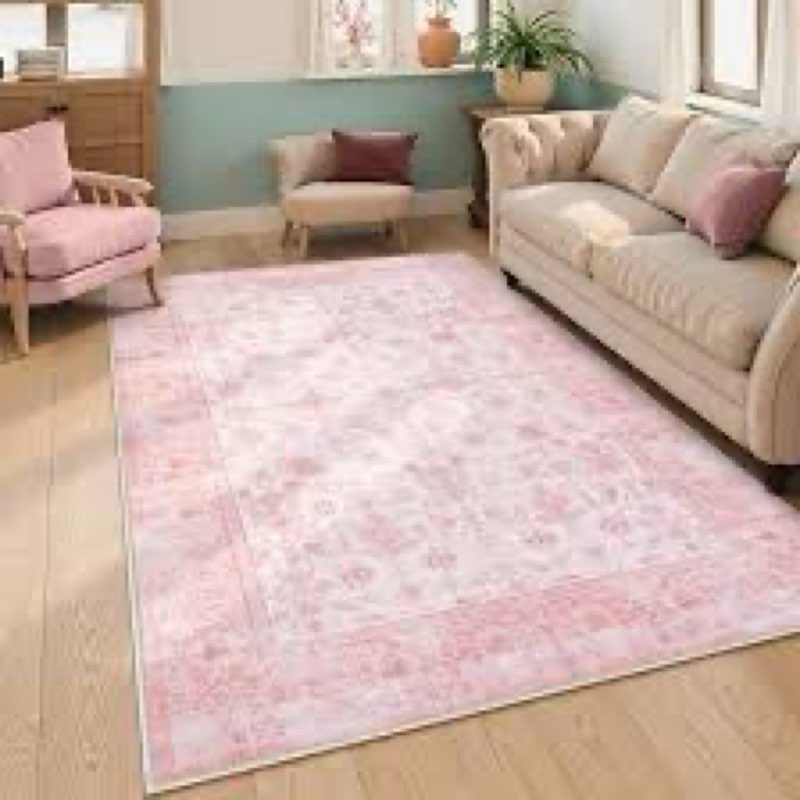 LIVEBOX Pink Area Rug 5x7, Vintage Living Room Rug Machine Washable Area Rugs, Pink Rugs for Bedroom