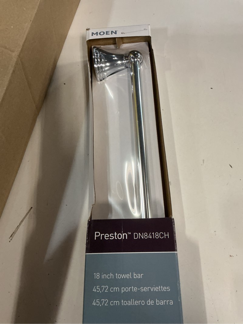 Condition photo showing New/Like New for moen preston collection chrome 18-inch single wall mounted bathroom towel bar, dn8418ch chrome 18 inch 18" towel bar