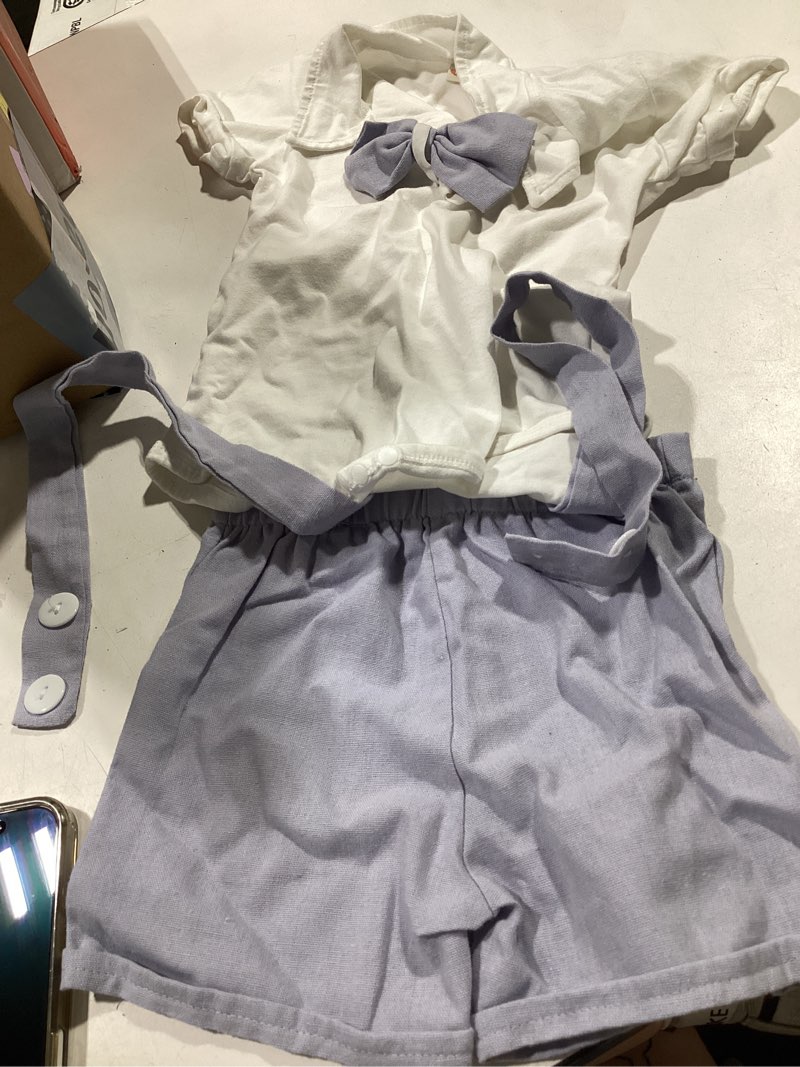 Condition photo showing As Is for idopip baby boys formal suit set short sleeve romper suspenders shorts pants bowtie wedding tuxedo outfits cake smash clothes 18-24 months blue