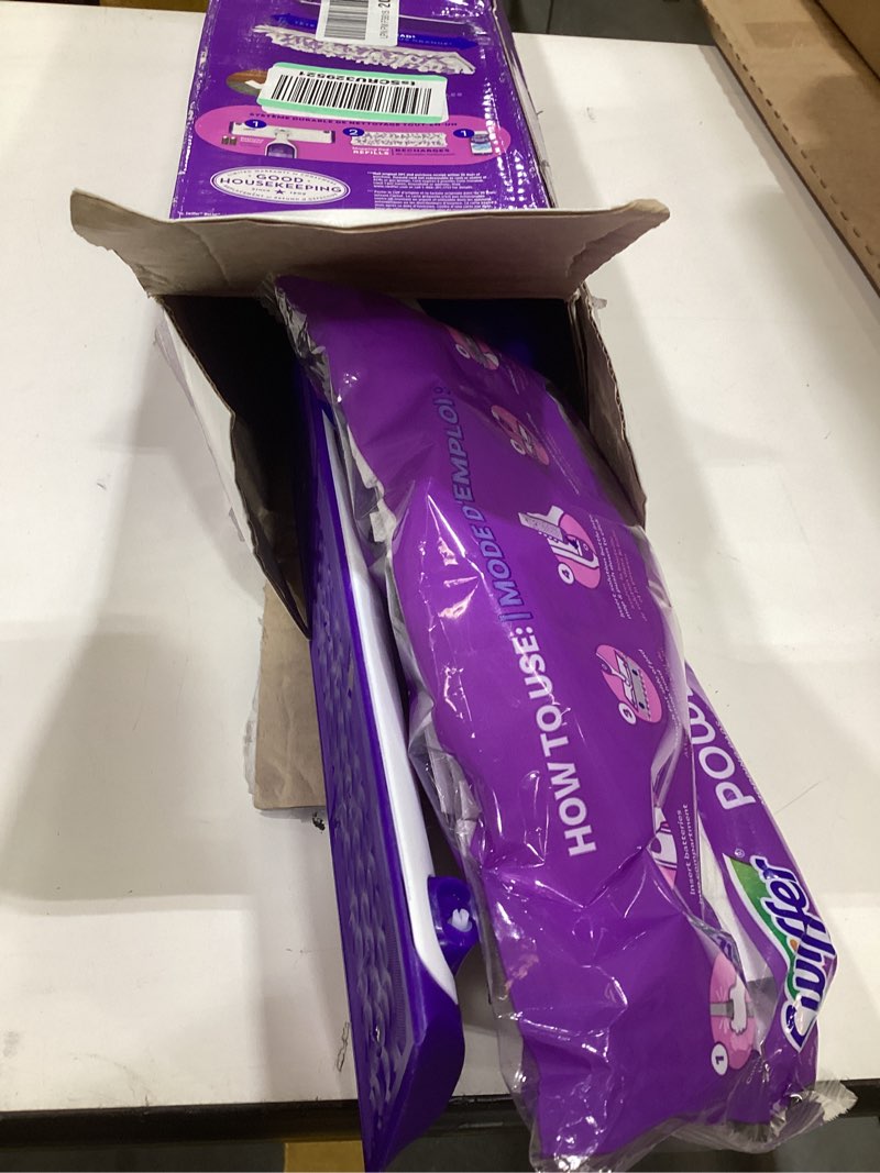 Condition photo showing As Is for swiffer powermop multi-surface mop kit for floor cleaning, includes powermop, 2 mopping pad refills, 1 cleaning solution with fresh scent and 2 batteries purple and white