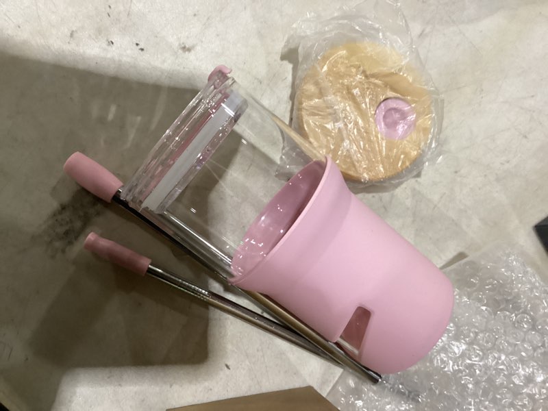 Condition photo showing Good Condition for glass tumbler with lids and straws, 20 oz iced coffee cup and smoothie cup with bamboo lid and on the go lid,glass cups with straws 20 ounces pink