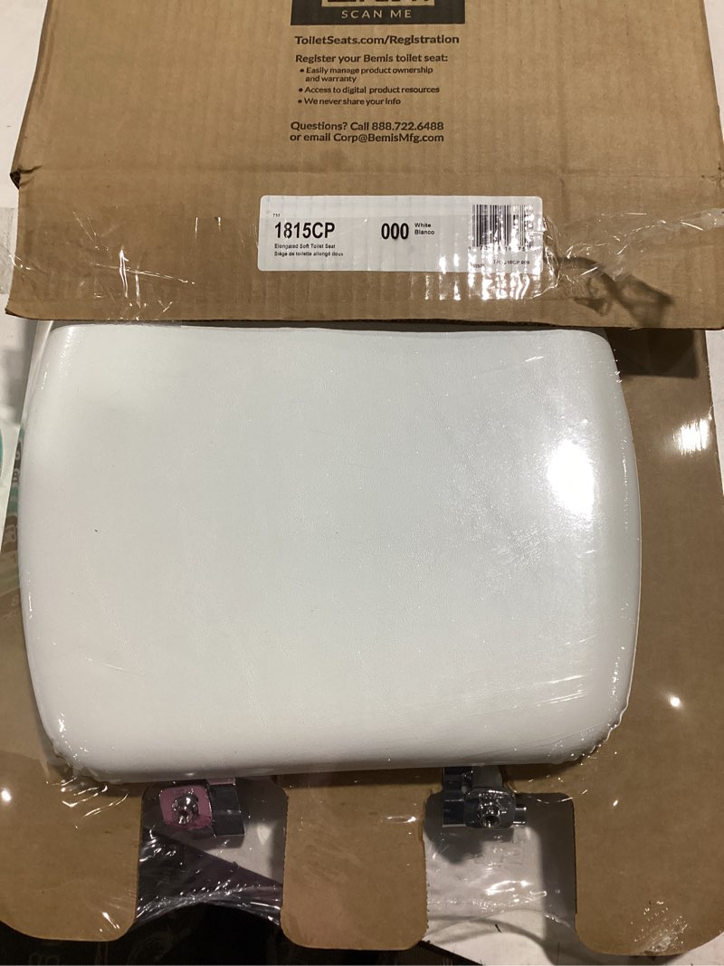Condition photo showing New/Like New for Mayfair Padded Toilet Seat with Chrome Hinges, Soft Vinyl over Wood Core Seat, Made in USA, Elongated, White