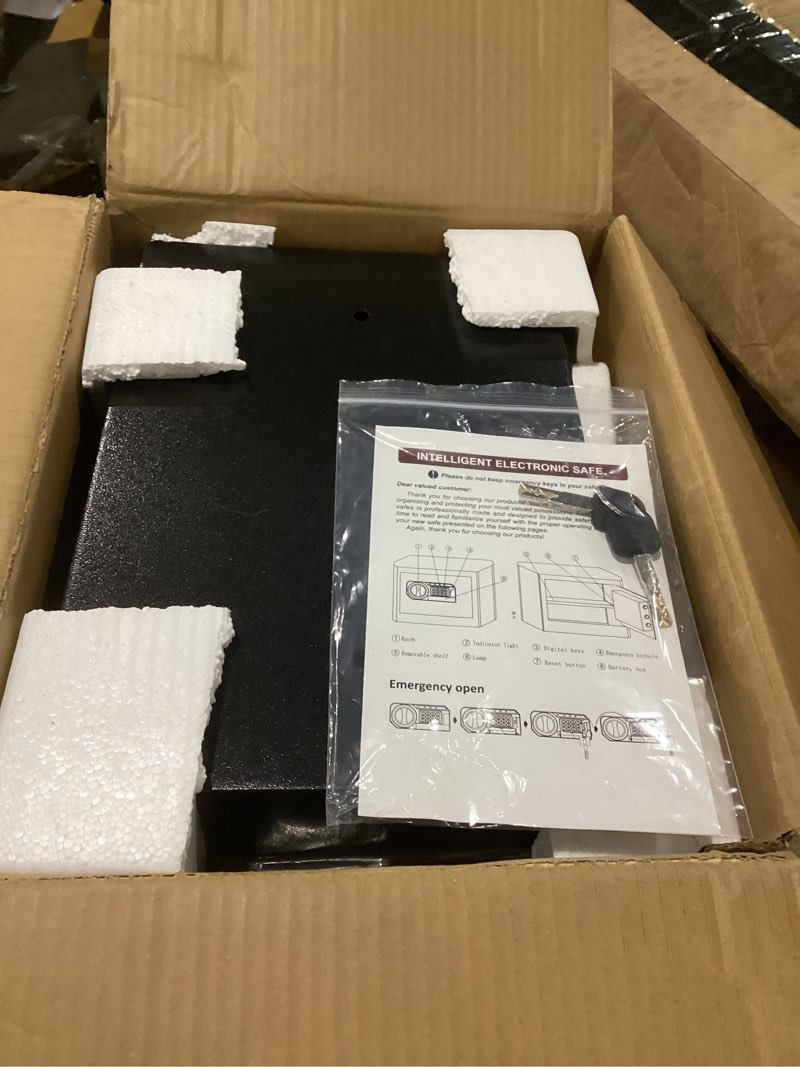 Condition photo showing New/Like New for 1.2 Cubic Feet Small Fire Safe Box for Home, Fireproof Lock Box, Security Money Safe with Digital Keypad, Spare Keys and Removable Shelf, Personal Home Safes for Money, Jewelry, ID Documents