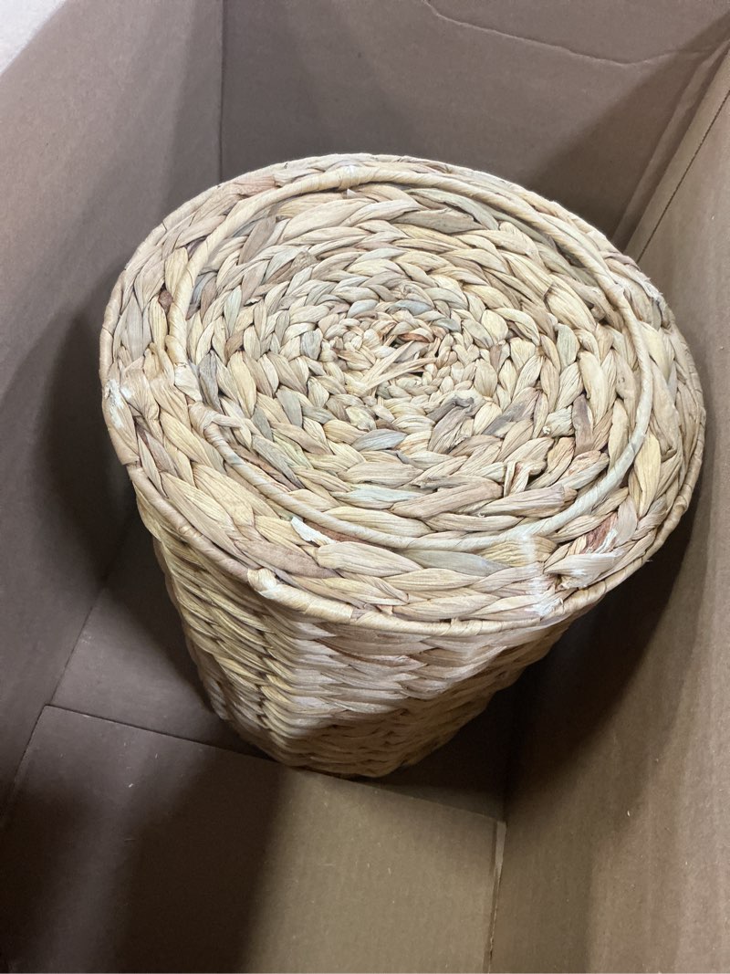 Condition photo showing Good Condition for kcgani wicker waste basket with lid and liner, handwoven water hyacinth wicker trash can, large waste paper bucket paper scrap bucket wastebaskets for bathroom, bedroom, kitchen, office garbage can