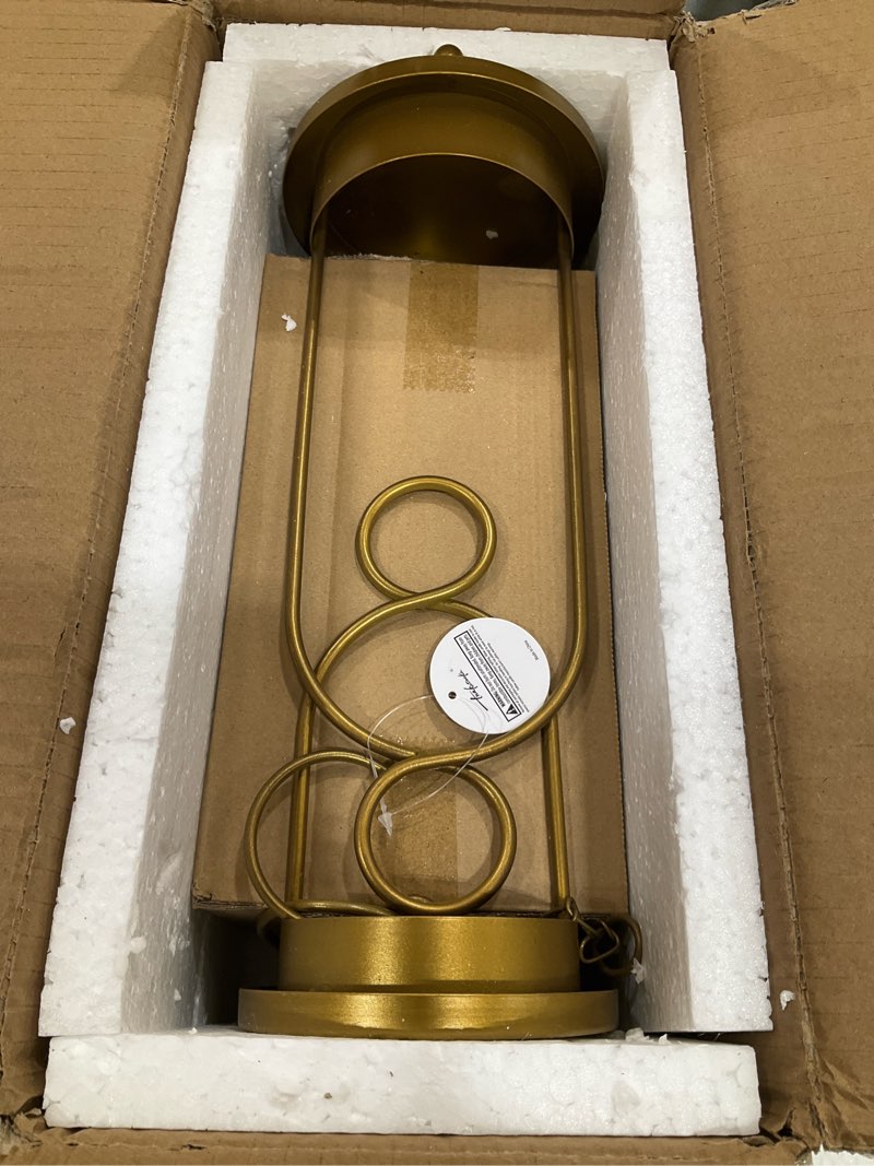 Condition photo showing Good Condition for 5" & 4" wide versatile metal candle holder in antique brass with handmade thick, heavy & sturdy glass dome for pillar candle, industrial, modern, shelf, mantel, veranda, porch (brass, large & small) large & small brass 2