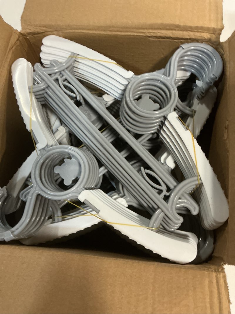 Condition photo showing New/Like New for 50 pack baby hangers for nursery closet, adjustable non-slip kids hangers with windproof buckle, 11-14" infant child plastic clothes pants toddler hanger for boys girls newborn adult, grey gray 50