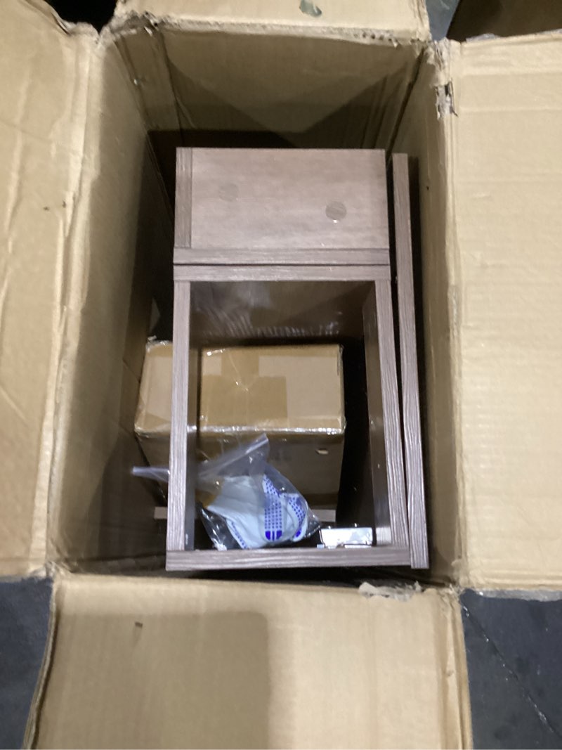 Condition photo showing Good Condition for 16" Small Bathroom Vanity with Sink - Walnut:Small Space Fit,2 Toilet Paper Holders & Storage Pocket,Adjustable Shelve,Soft Closing Door & Quiet Hinges,Floor-Standing Extra Storage Walnut Oak