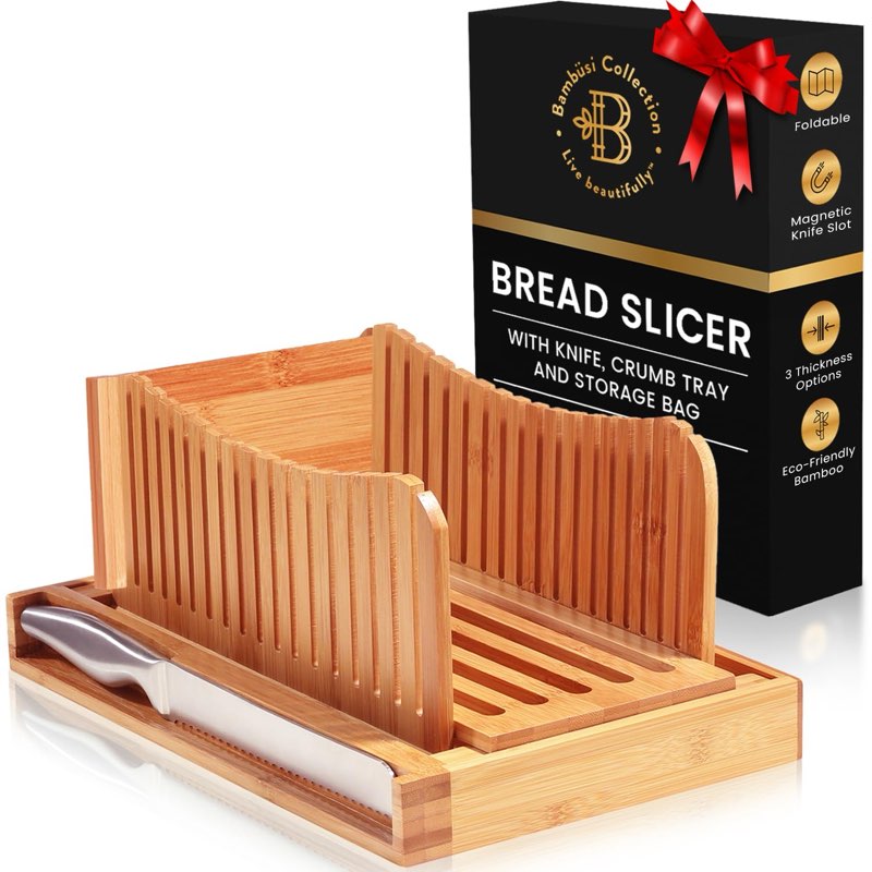 Bread Slicer for Homemade Bread - Adjustable Bamboo Bread Cutter with Knife, Foldable Slicing Guide 
