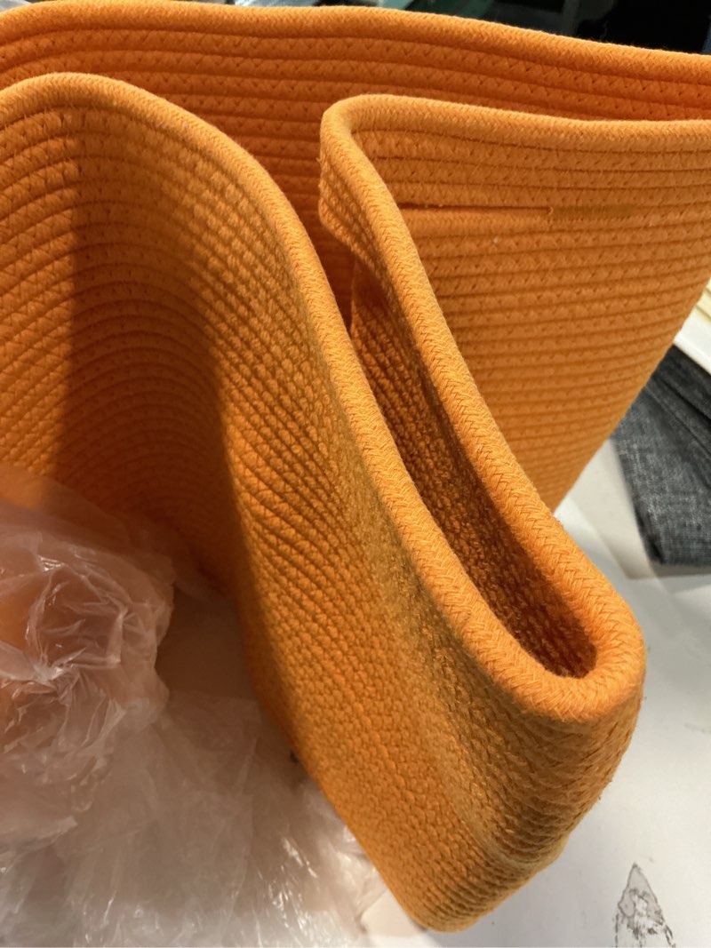 Condition photo showing Good Condition for Extra Large Orange Storage Basket, 23.6" x 17" x 12" Rectangle Baskets for Organizing, Blanket Toy Bin Organizer, Colorful Woven Cotton Rope Baskets for Decor