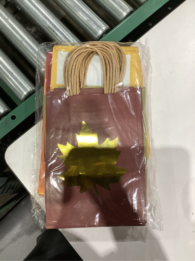 Condition photo showing New/Like New for Bolsome 24Pcs Fall Theme Gift Bags with Tissue Paper Foil Gold Maple Leaf Kraft Paper Bags Autumn GoodieTreat Bags with Handles for Harvest Holidays Wedding Birthday Thanksgiving Party Supplies
