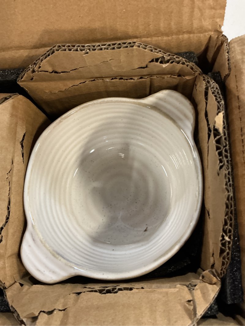 Condition photo showing New/Like New for le tauci soup bowls with handles, 20 oz french onion soup crocks, soup bowl oven safe for chili, beef stew, ceramic bowl set - 5.5 inch, set of 4, arctic white
