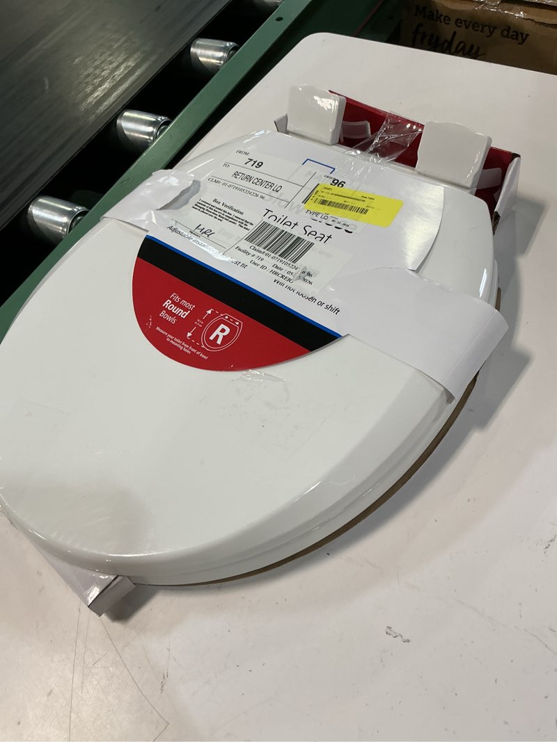 Condition photo showing As Is for mainstays plastic round slow close toilet seat in white