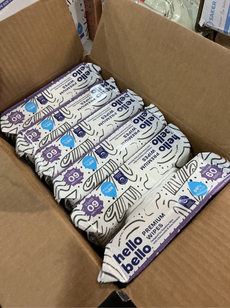 Condition photo showing New/Like New for (exp :02/2028) hello bello premium wipes, designed for sensitive skin with chamomile & aloe extracts, playful sketches (12 resealable packets = 720 total wipes)