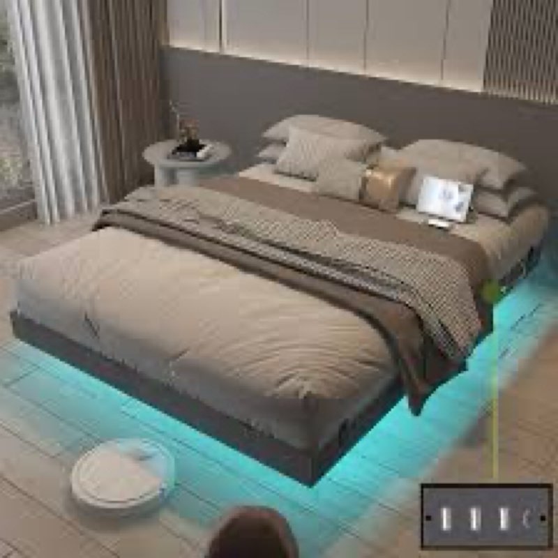 Muluflower Floating Bed Frame King Size with LED Lights and Charging Station, Grey Linen Metal Platf
