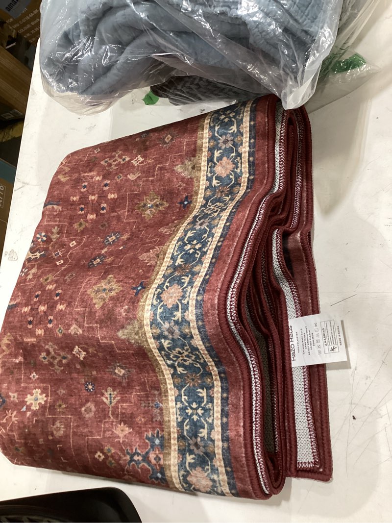 Condition photo showing Good Condition for 5x7 boho dark red rug for living room - vintage oriental revival low-pile carpet for bedroom, dining table, home office, machine washable area rug non-slip with rubber back 5' x 7' (rectangular) burgundy
