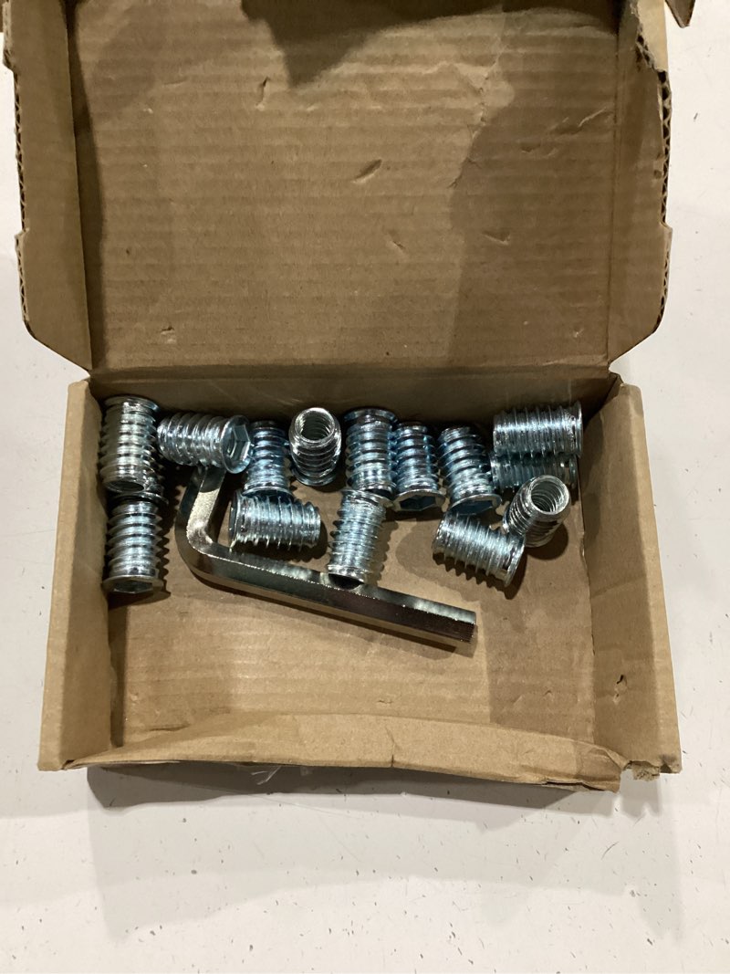 Condition photo showing As Is for 3/8"-16 x 25mm threaded inserts, nut inserts, wood inserts, blue zinc plated carbon steel, 3/8-16 threaded inserts with hex wrench for wood furniture screw, total 16 pieces, blue color 3/8"-16 x 0.98" blue
