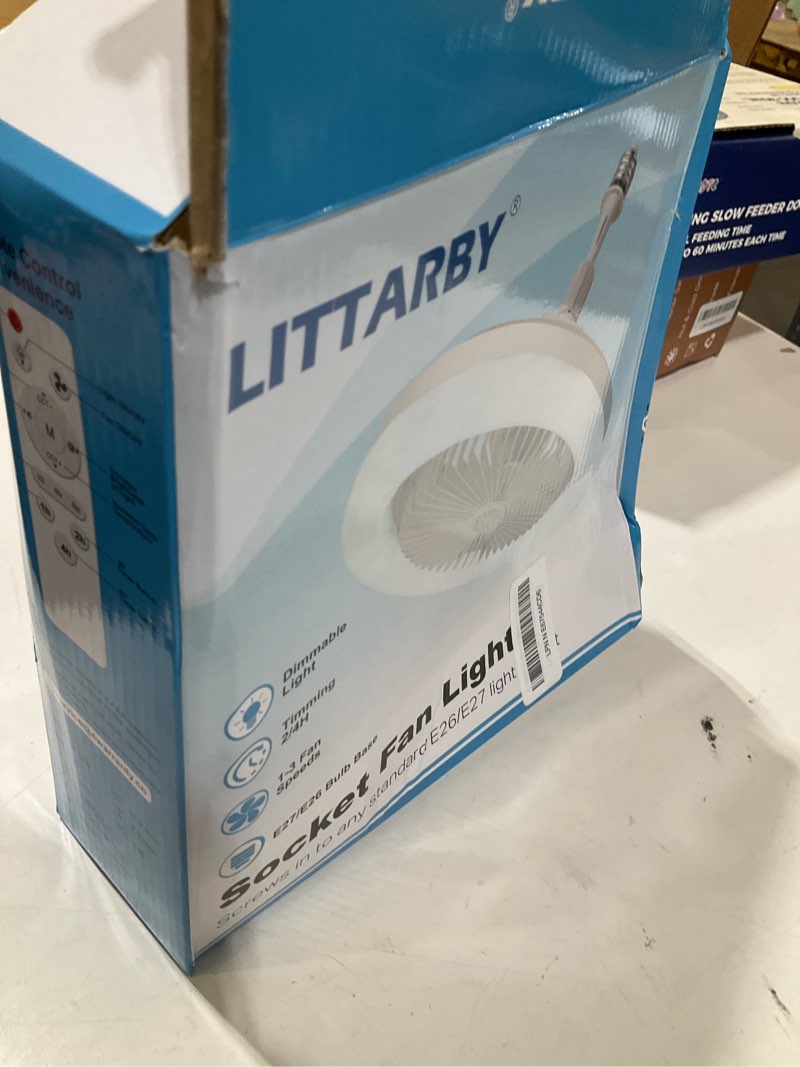 Condition photo showing As Is for socket fan light with remote control, 3 colors 3000k-6500k dimmable led light bulb fan screw in ceiling fan for bedroom, kitchen, storage room, closet, wireless small ceiling fans with lights - white white-small