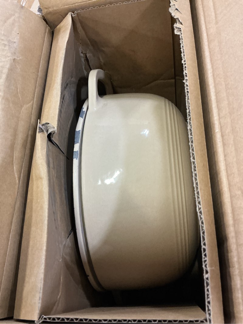 Condition photo showing As Is for lodge essential enamel cast iron dutch oven 6 quarts - perfect for bread baking, braising, marinating & slow cooking, features moisture-sealing lid & dual handles, kitchen essentials, sandalwood 6 qt sandalwood