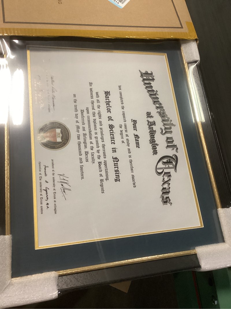 Condition photo showing Good Condition for 11x14 diploma frame with navy over gold mat, 14x17 certificate frame, real wood with gold trim, black frame with arcylic 11x14 with navy over gold mat black