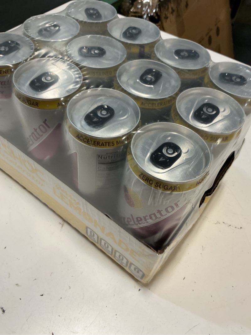 Condition photo showing Good Condition for bbd:06/2026 accelerator energy drink, berry lemonade 12oz can (12 pack), zero sugar, sustained energy from 100% natural caffeine (200mg from green coffee bean & green tea extract) berry lemonade 12 fl oz (12 pack)