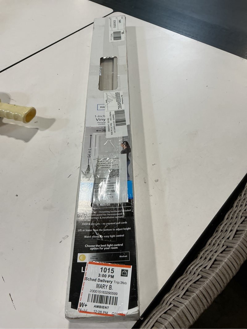 Condition photo showing As Is for mainstays 1" cordless vinyl light filtering blinds, 1-piece, white, 36" w x 64" l