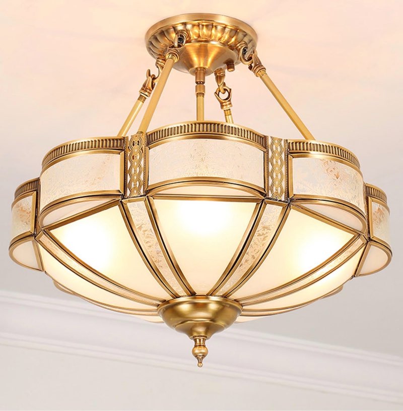 MIXL-24 Inch Brass Chandelier with Glass Lampshade,Art Deco Floral Bedroom Chandelier,Antique Flower Ceiling Mount Lamp,Vintage Style Semi Flush Ceiling Light for Dining Room Kitchen and Hallway