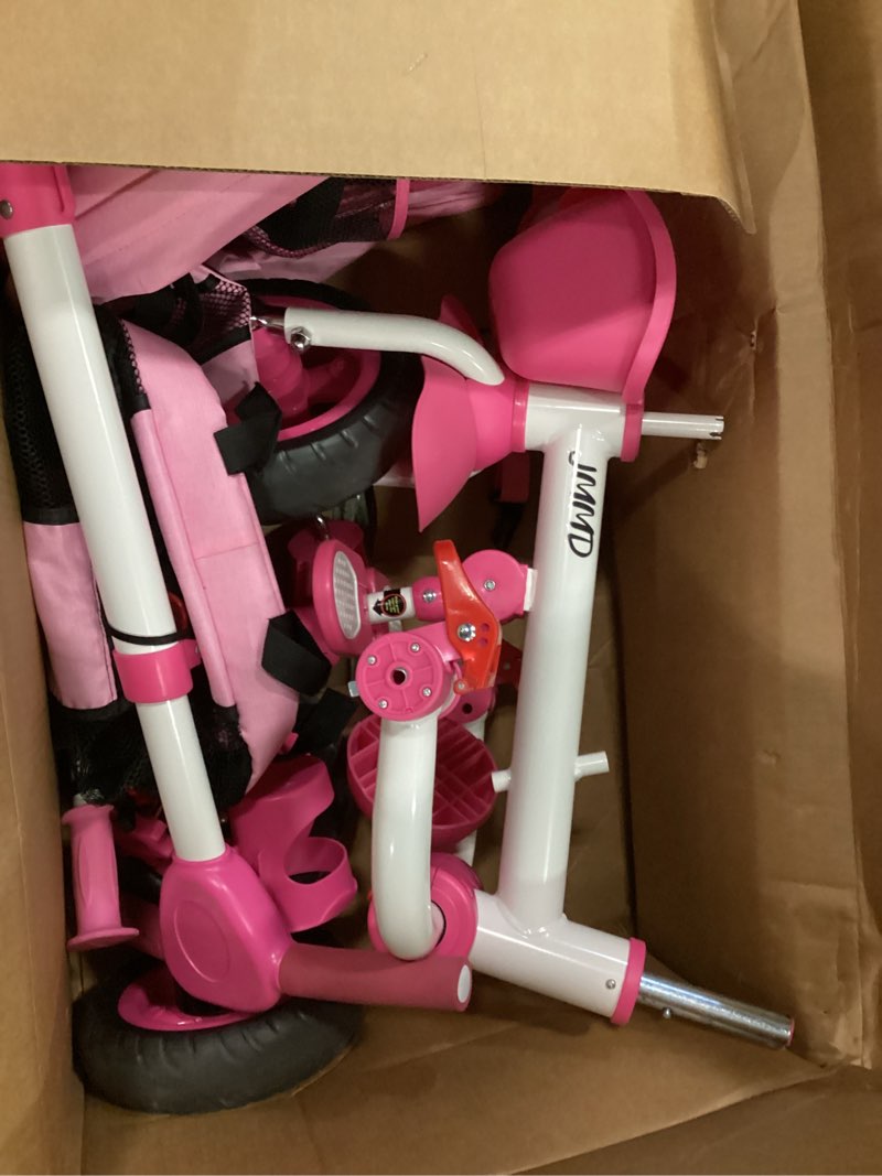 Condition photo showing As Is for jmmd 8 in 1 tricycle stroller with push handle, foldable trike with 360° swivel seat, reclining backrest, all-terrain wheels, dual brakes, canopy & storage, gift for kids 18 months to 5 years, pink