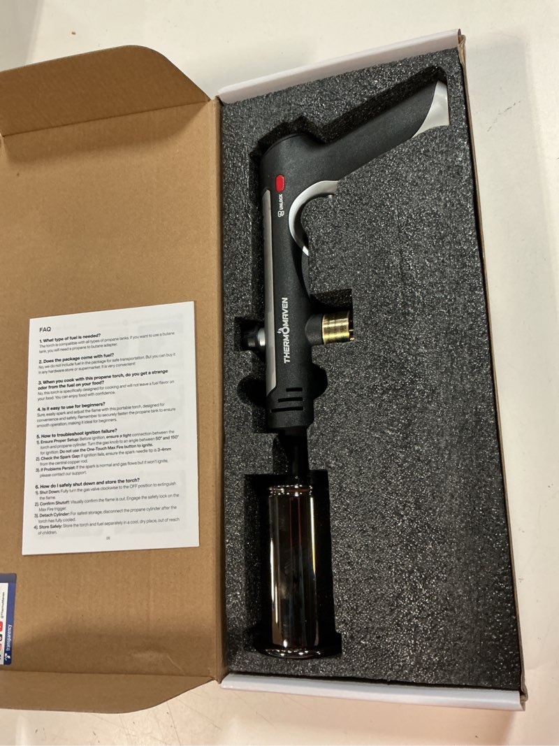 Condition photo showing New/Like New for thermomaven propane torch with one-touch max fire, cooking blow torch gun with a safety lock, charcoal lighter, flame thrower, kitchen food torch head for grill, sous vide, bbq (tank not included) silver