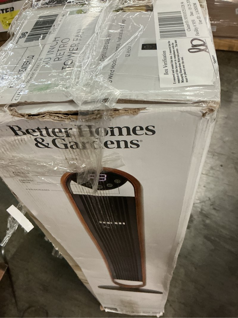 Condition photo showing As Is for (demagned )better homes & gardens 40'' 5-speed oscillating tower fan with remote control, 3 wind modes, 12h timer, walnut & black