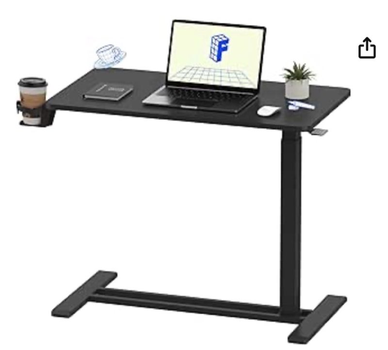 flexispot h7 adjustable overbed bedside table with wheels pneumatic mobile standing desk laptop desk rolling computer cart movable overbed tables hospital home use(27.6" w x 15.7" d, black table)