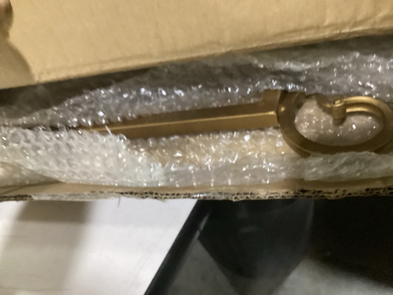 Condition photo showing As Is for 15"l x 25.5"w x 56.5"h metal scroll extra large free standing adjustable display stand easel with chain support, heavy duty easel for sign, wedding, picture frame, mirror, gold (no assembly required) scrollwork fleur de lis top