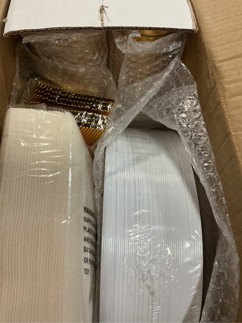 Condition photo showing New/Like New for supernal 400pcs gold plastic plates for 50 guests heavy duty disposable party plates, 200 gold plastic silverware, linen napkins, clear cups for valentine's day mother's day and easter 400pcs white and gold plastic dinnerware