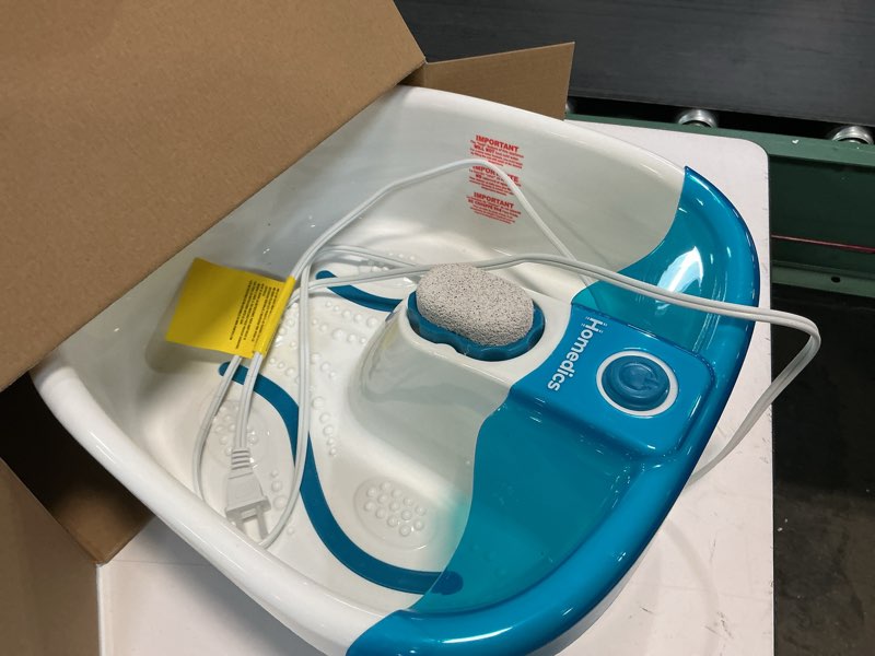 Condition photo showing Good Condition for homedics bubble mate foot spa, toe touch controlled foot bath with invigorating bubbles and splash proof, raised massage nodes and removable pumice stone