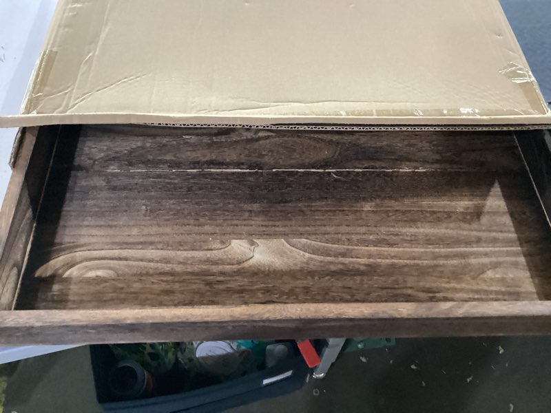 Condition photo showing As Is for wooden ottoman tray with handles – 22 inch large rustic farmhouse decorative tray for coffee table centerpiece, living room serving tray, square wood tray for home decor 21.7" x 21.7" x 2"