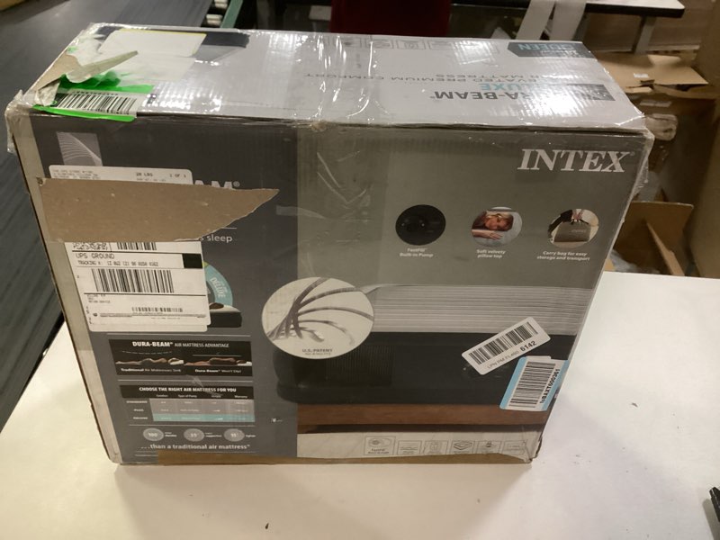 Condition photo showing New/Like New for intex dura-beam deluxe comfort-plush elevated: fiber-tech – queen size – built-in electric pump – 18in bed height – 600lb weight capacity 18" grey queen
