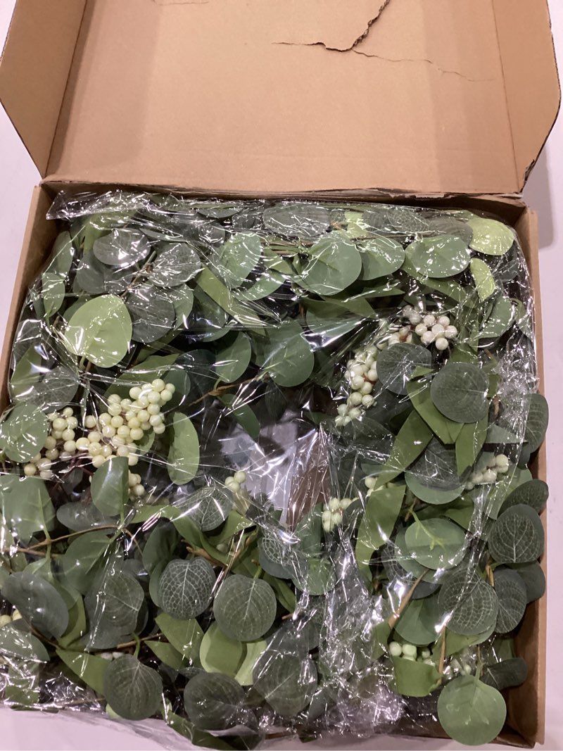 Condition photo showing New/Like New for Wreaths for Front Door, 20" Artificial Eucalyptus Wreath, White Berry Greenery Wreath for Front Door Window Porch Wedding Farmhouse Garden Party Wedding Decor Spring Summer - Indoor/Outdoor 1 20 INCH