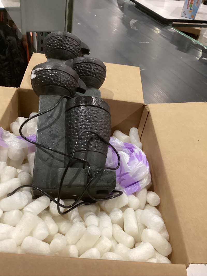 Condition photo showing As Is for alpine corporatio 14" tall stoned jar cascading water fountain with led lights, elegant tabletop water feature for home, office, living room, and bedroom decor, gray elegant jar w/ led