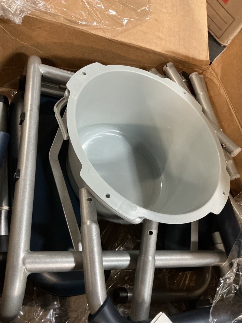 Condition photo showing As Is for Drop Arm Bedside Commode, Commode Toilet with Padded Seat and Backrest, 300lbs Capacity, 6.3QT Removable Bucket and Splash Guard, Adjustable Height Portable Toilet for Adults, Blue