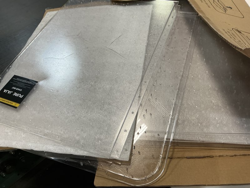 Condition photo showing As Is for 36" x 46" Chair Mat for Carpet - Office Chair Mat - Tempered Glass Floor Mat for Home/Office/Carpet Clear Computer Floor Mat - with 4 Anti-Slip Pads
