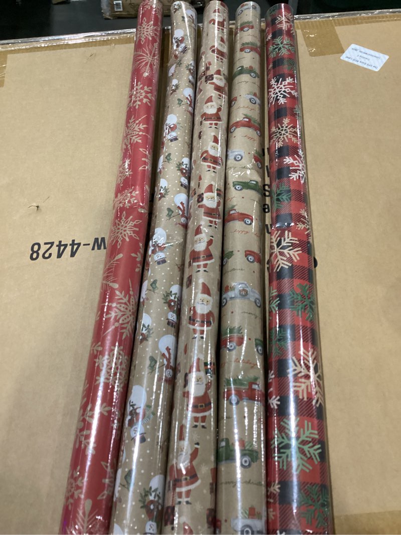 Condition photo showing New/Like New for JAM Paper & Envelope 5ct Premium Kraft Christmas Gift Wrap Rolls: Multicolor Santa Pattern Wrapping Paper