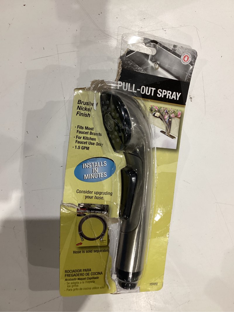 Condition photo showing As Is for 1-handle pull out sprayer kitchen faucet in brushed nickel