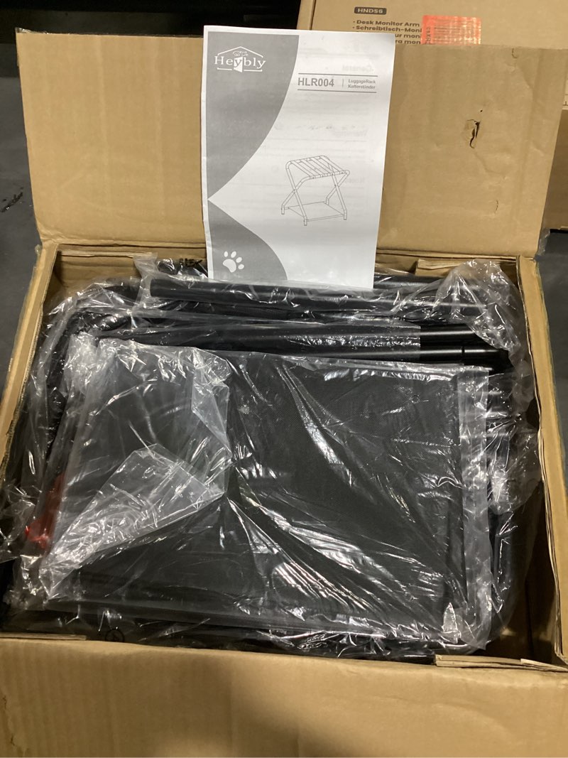 Condition photo showing Good Condition for Heybly Luggage Rack for Guest Room, Pack of 2, Steel Folding Suitcase Stand with Storage Shelf for Bedroom, Hotel, Foldable Steel Frame, Guest Room 26.2" L x 14.4" W x 20.5" H, Black HLR004B2 Black 2