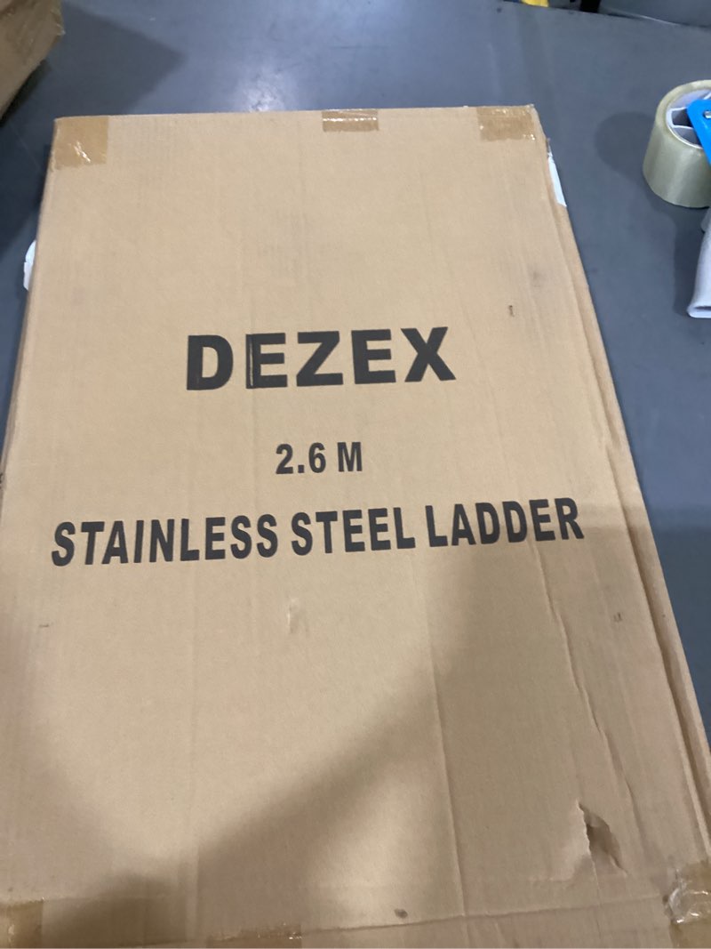 Condition photo showing New/Like New for dezex telescoping ladders 8.5 ft stainless steel ladder - one-button retraction telescopic ladder for home, rv, attic, loft, extension ladders with 2 triangle stabilizers, lasts 330 lbs silver 8.5 ft
