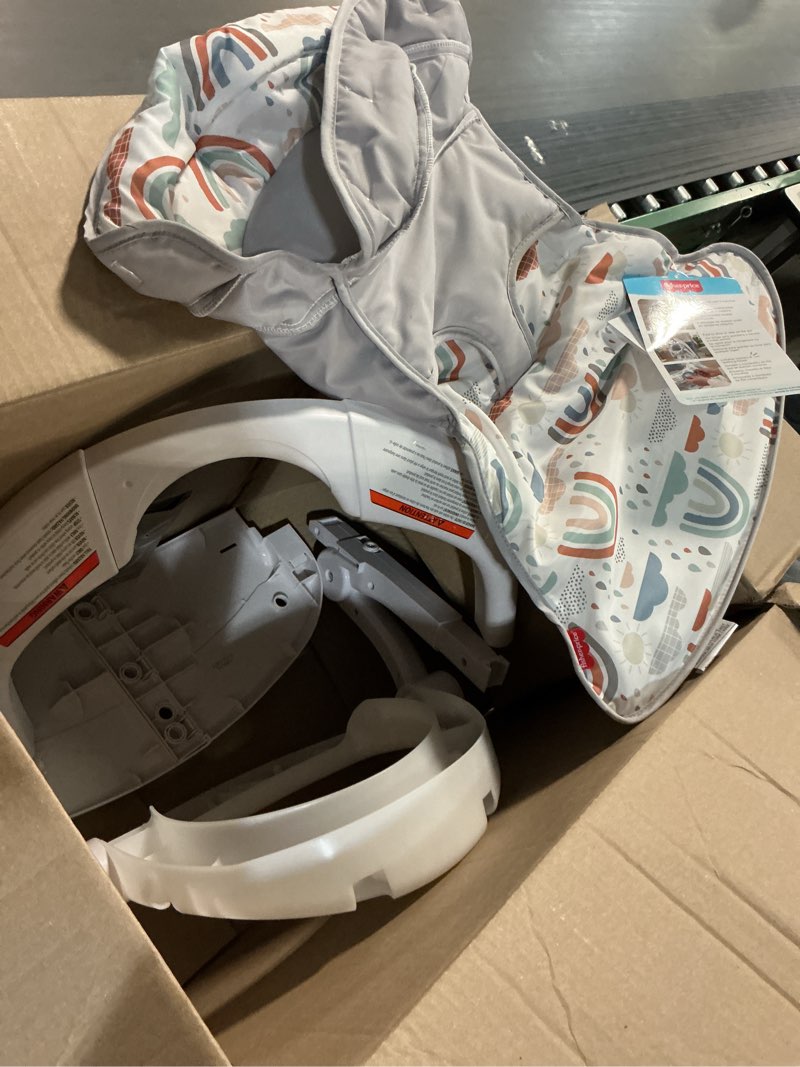 Condition photo showing As Is for fisher-price portable baby chair sit-me-up floor seat with developmental toys & machine washable seat pad, rainbow showers 1 count rainbow showers