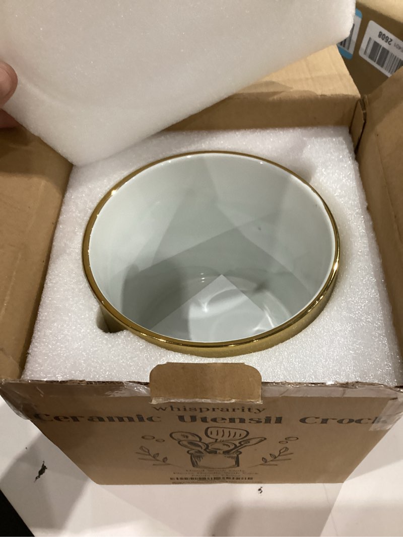 Condition photo showing New/Like New for Modern Ceramic Kitchen Utensil Holder - White with Gold Rim with Non-Slip Base - Elegant Caddy for Cooking Tools and Serveware