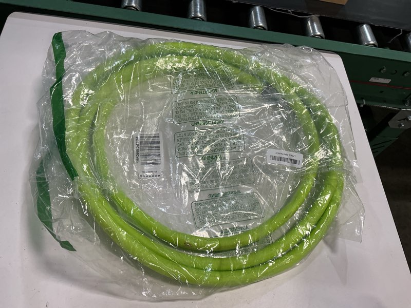 Condition photo showing As Is for flexzilla garden utility hose 5/8 in. x 15 ft., lightweight all-weather water hose, durable and flexible, leak-free connections standard grip 15ft chartreuse