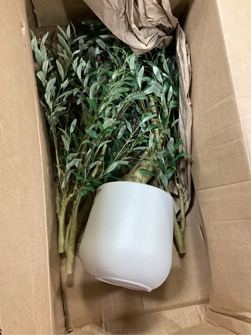 Condition photo showing As Is for olive trees artificial indoor, 7ft tall faux olive tree with white tall planter, full lush artificial plants with large olive branches and lifelike fruits for home office decor