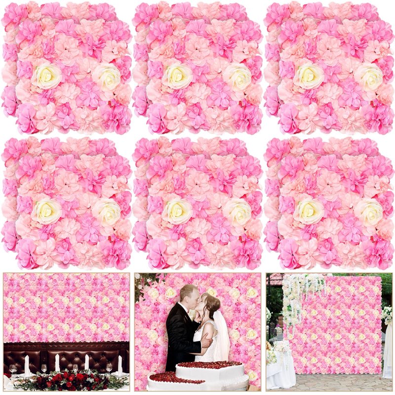 Tigeen 24 Pcs Flower Wall Panels 3D Silk Rose Floral Wall Decorative Faux Flower Wall Background for Wedding Home Decoration Background Shop Party Photo Arrangement (15 x 15 Inch), mainly pink