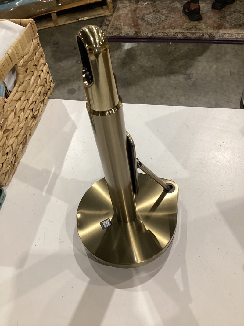 Condition photo showing Good Condition for tension arm countertop paper towel holder, easy one-handed tear, standing weighted base with finger loop, heavy duty, brass stainless steel