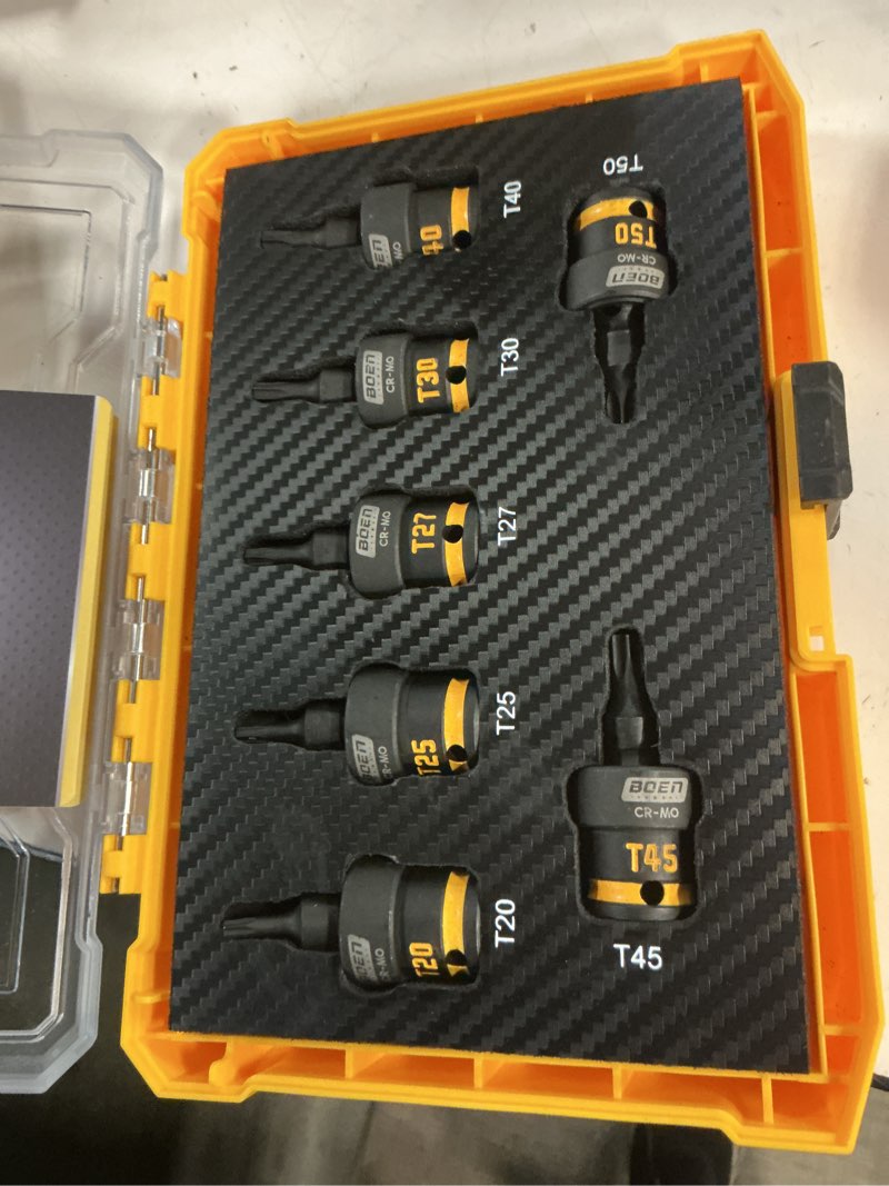 Condition photo showing Good Condition for boen 3/8" drive universal torx bit socket set, 7pcs impact swivel star bit sockets (t20-t50), 360° rotation flexible wobble torx bit driver socket set, yellow embossed marking, cr-mo steel